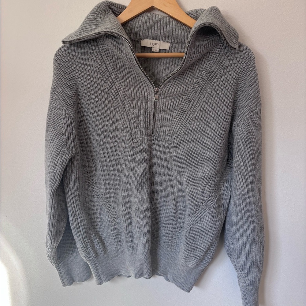 LOFT Light Gray Ribbed Knit Half-Zip Sweater